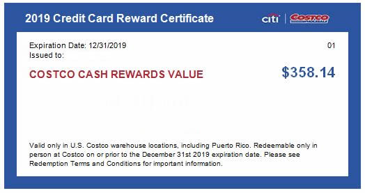 Costco Citi Visa Reward Certificate 2019