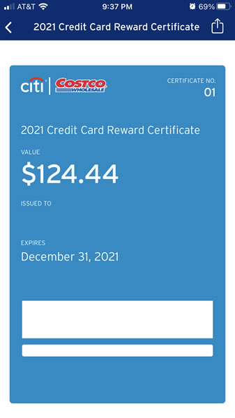 Costco Citi Credit Card Reward Certificate - mobile APP 2021